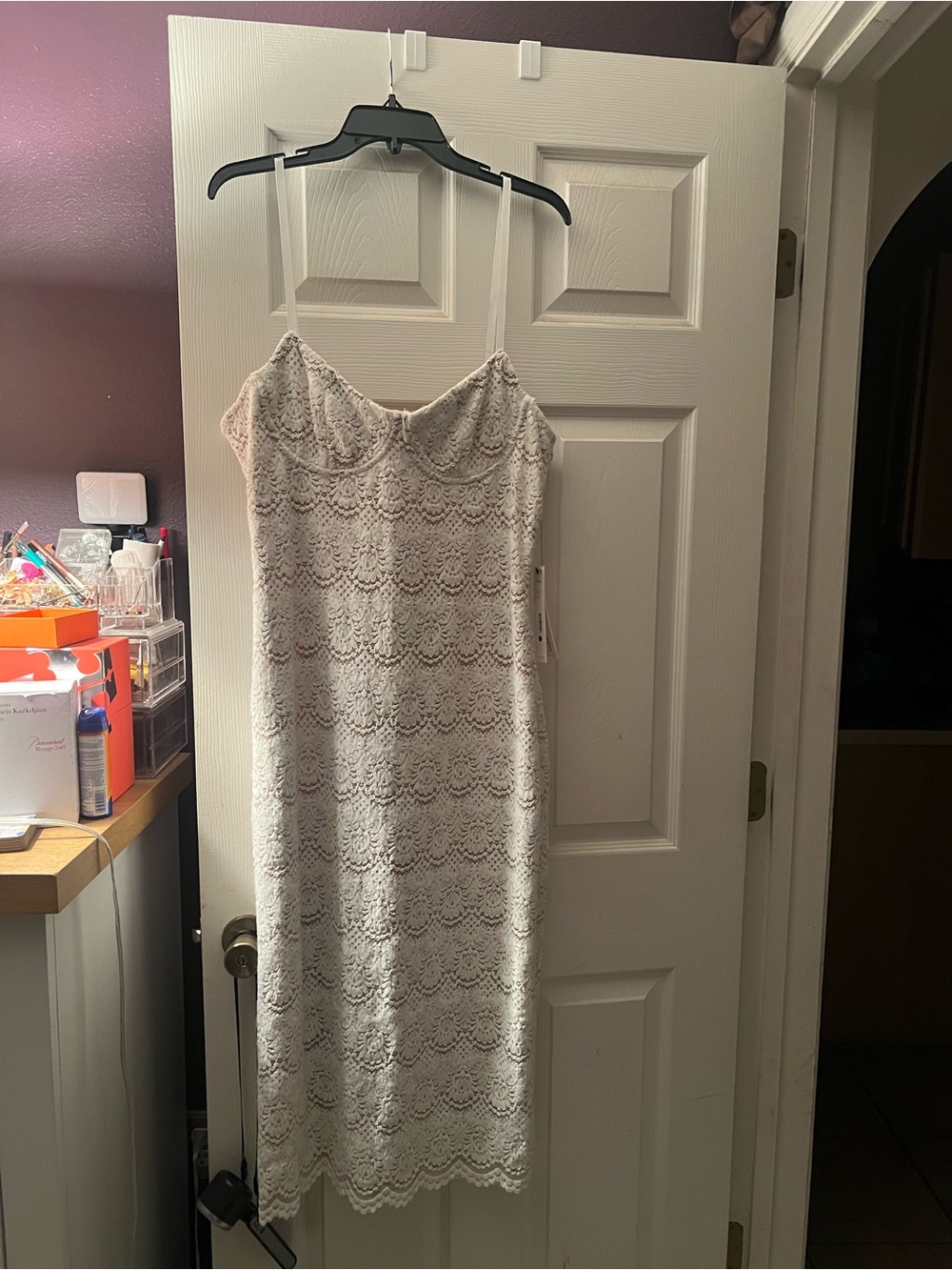 Aqua White Lace Midi Slip Dress with Spaghetti Straps